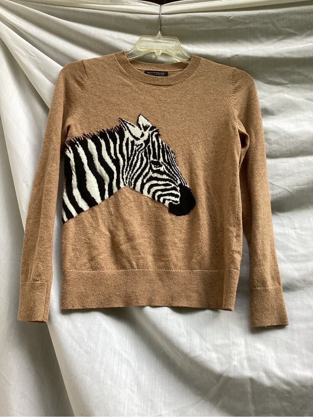 Banana Republic wool Camel Crewneck Sweater with Zebra Motif, size small